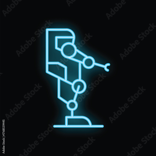 Neon sign depicting an industrial robot manipulator arm working, a symbol of automation and advanced technology