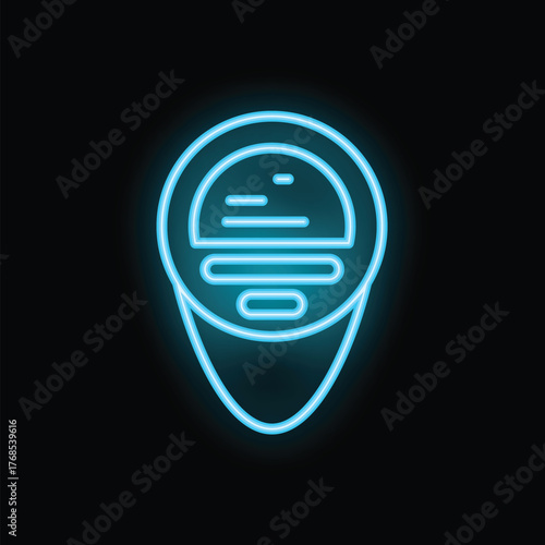 Blue neon icon of a parking meter displaying payment information on a black background