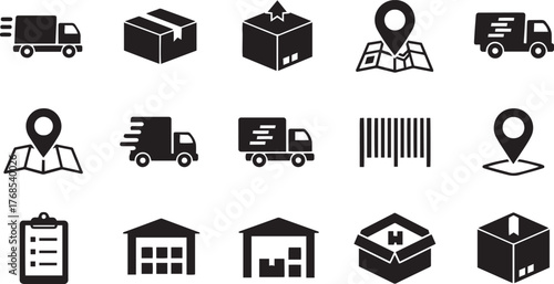 Collection of black and white vector icons representing shipping logistics and delivery services