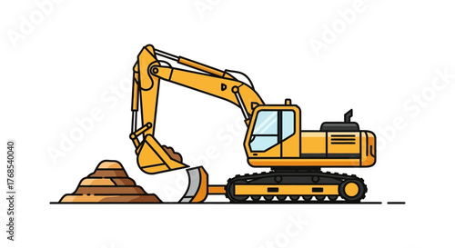 Yellow Excavator digger with pile of dirt on white background, construction machinery illustration