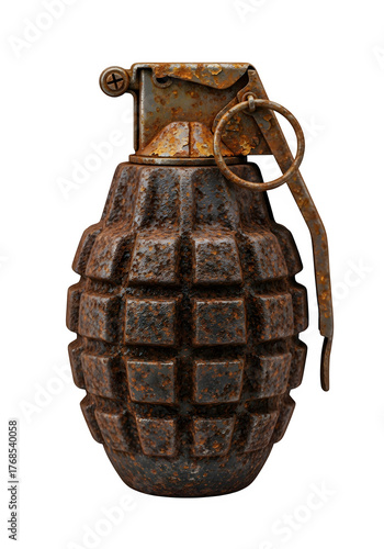 Rusted Metal Grenade with Grid Pattern and Aged Texture Isolated on White or Transparent Background