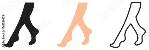 Female leg  icon. icons of women's legs in high heels. Stylized vector illustration showing three minimalist depictions of women's legs wearing high heels, in black, beige, and outline variations.
