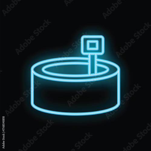 Glowing blue neon sign of a hot tub with a thermometer indicating high temperature
