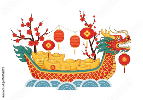 Illustration of a Red Dragon-Shaped Ship Filled with Gold Ingot Treasure and Decorated with Lanterns and Plum Blossoms 