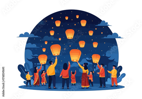 Family Releasing Sky Lanterns into the Night Sky during Chinese New Year or Lantern Festival with Chinese Architecture Background