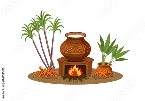 Pongal Rice with Sugarcane Bundles on the Harvest Festival Day