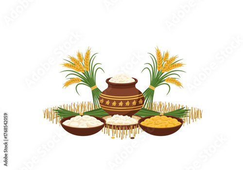 Illustration of Pongal Pot and Various Traditional Sweet Foods Made from Harvest for the Pongal Festival 