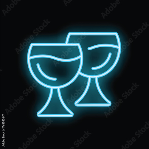 Neon light icon of two glasses of wine making a toast, isolated on a black background