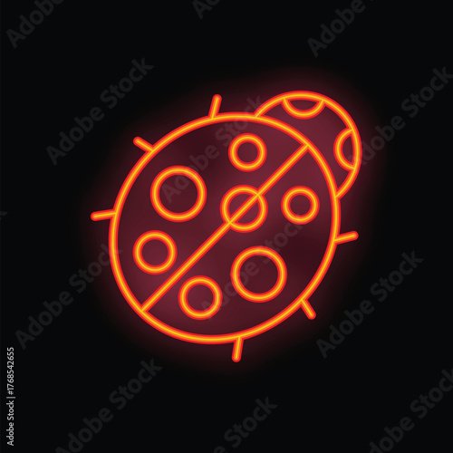 Bright neon sign in the shape of a ladybug is glowing on a black background