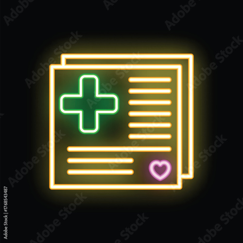 Neon medical history with heart and cross glowing on black background