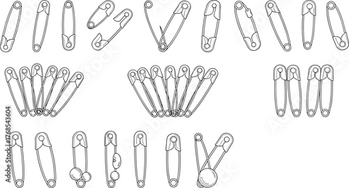 Safety pin collection, open and closed pins, sewing accessory, metal fastener, craft supply, flat vector illustration, minimal line drawing