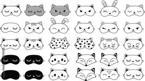 Sleep mask collection, cute animal designs, cartoon eye covers, bedtime accessory icons, playful fashion set, flat vector illustration