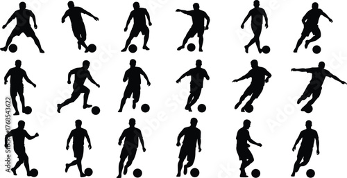 Soccer player poses, ball control action, kicking silhouette, dribbling movement, athletic gesture, training reference, flat vector illustration