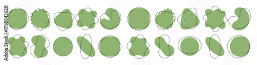 Fluid organic shape collection green color with line vector set illustration isolated on transparent background. Fluid organic round blot form graphic element. Doodle drops with outline circle