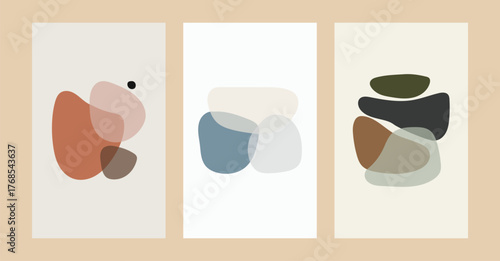 Abstract shapes boho posters. Contemporary background set bohemian aesthetic, wall art prints, card, cover. Vector illustration.