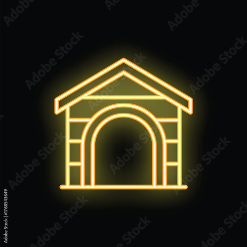 Yellow neon doghouse glowing on black background, concept of pet shelter or veterinary clinic