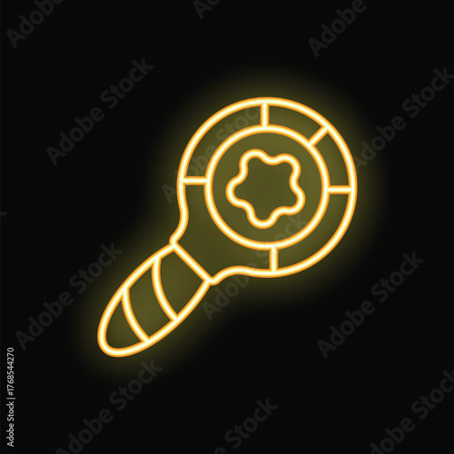 Glowing neon line icon of a baby rattle with star shape inside on a black background, representing childhood and toys