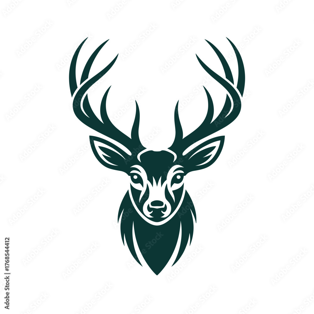 Naklejka premium Deer Head Logo, Stag Antlers Icon, Majestic Buck Symbol, Antlered Deer Mark, Forest Stag Design, Elegant Reindeer Graphic, Wildlife Trophy Emblem, Noble Elk Logo, Royal Antler Icon, Graceful Deer Symb