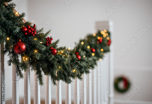 Christmas garland with red ornaments and lights on white staircase rai