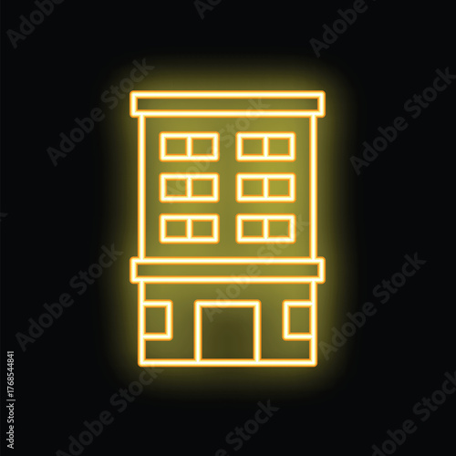 Simple vector illustration of a multistory building glowing with neon yellow light on a black background