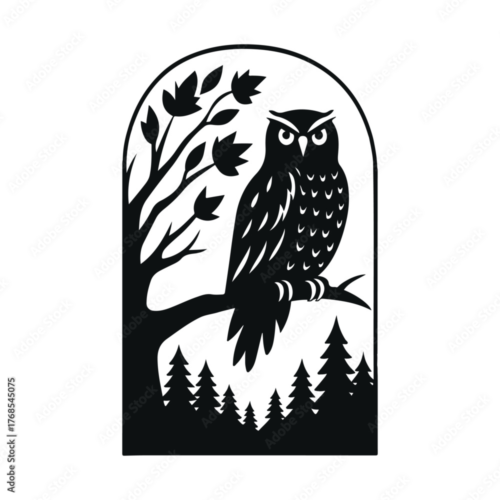 Obraz premium Perched Owl on Branch SVG
