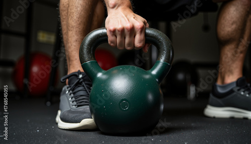 Man performing kettlebell swing exercise in dark gym setting  