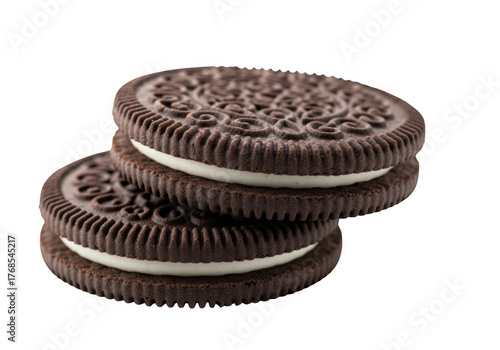 Stack of chocolate sandwich cookies with cream filling isolated on transparent background