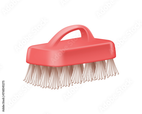 Cleaning brush 3D render vector isolated on a white background. Red brush for cleaning. Brush for cleaning clothes