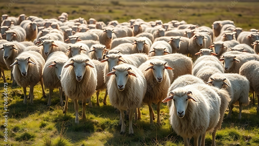 Naklejka premium karakul. A flock of karakul sheep grazing peacefully on a sunlit grassland. wildlife magazines, conservation campaigns, designed for nature documentaries and education, used by web designers.