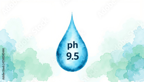 Watercolor illustration of a water droplet with pH 9.5 on soft background  
