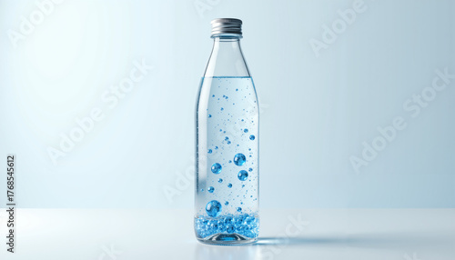 Modern 3D render of a transparent bottle of alkaline water with blue bubbles  