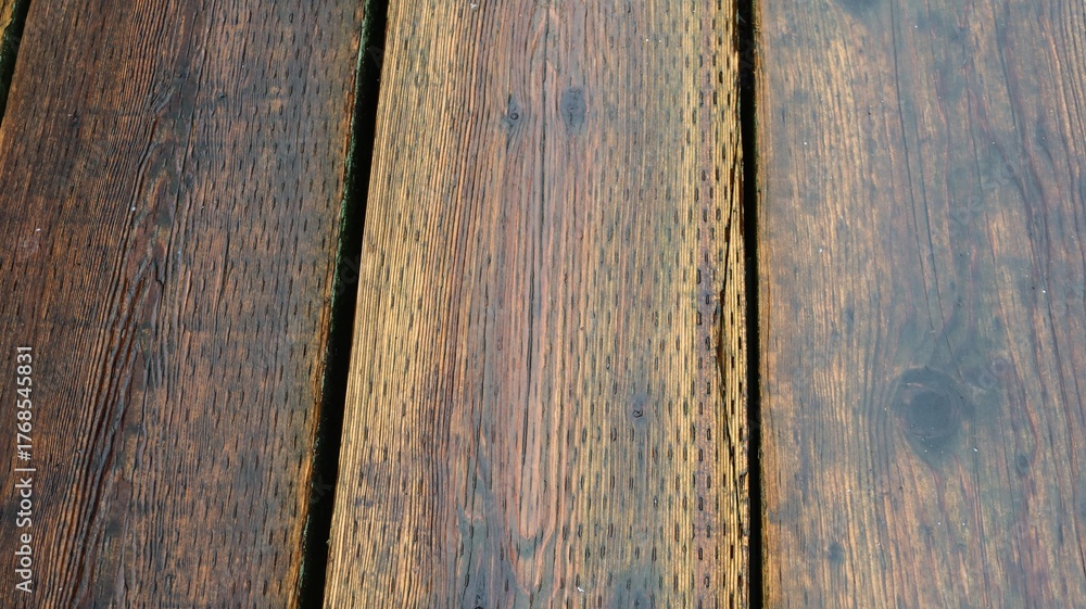Fototapeta premium close up of weathered wooden planks which is a boardwalk with a wet rich brown color with visible grain patterns and small knots and moss growth in the gap