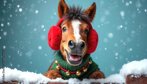 A cheerful brown horse wearing red earmuffs and a green sweater with bells, surrounded by falling snowflakes against a blue background.
