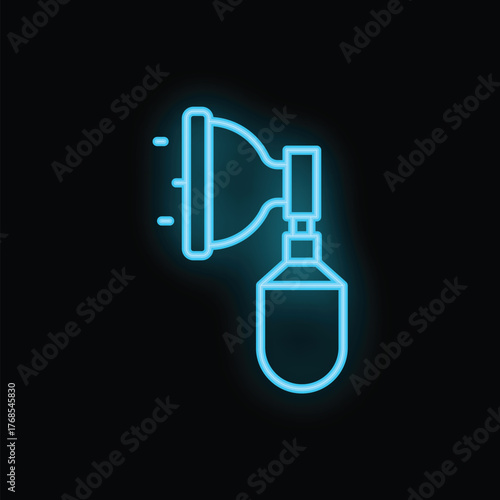 Blue neon icon of a manual resuscitator glowing against a dark background