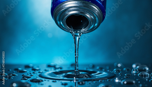 Hyperrealistic close-up of water droplets sliding down a sleek aluminum can, reflecting  