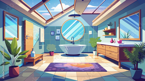 Realistic vector of modern bathroom with natural light from skylight, minimalist furniture, marble floor, bright and clean interior, calm atmosphere