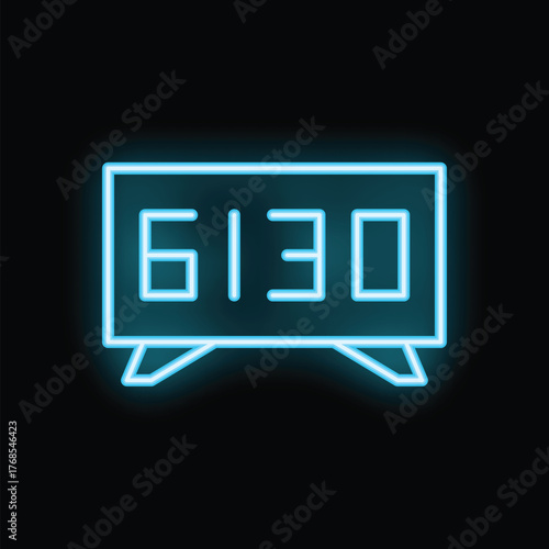 Blue neon sign of a clock displaying 6,30, ideal for concepts such as time management or waking up