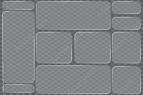 Collection of various sized transparent glass frames with rounded corners on a gray background