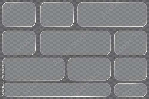 Collection of realistic transparent glass rectangles and squares with rounded corners