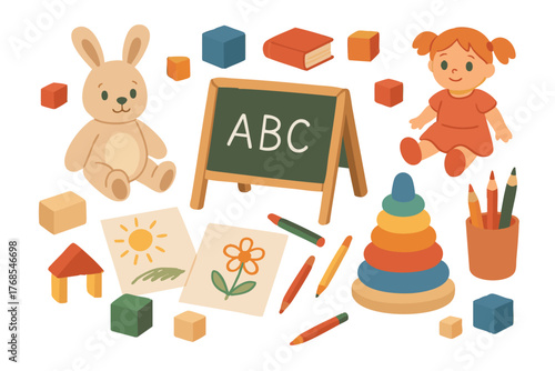 Set of children toys. Play game for boy, girls. Baby education cute toy for preschool. Vector flat illustration