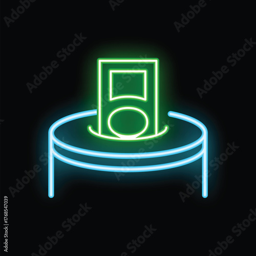 Neon icon of money donation box with banknote showing slot for payments