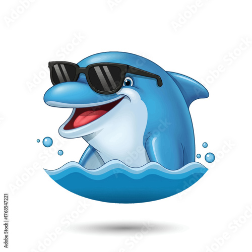 Cool Blue Dolphin Cartoon Illustration with Sunglasses in the Ocean Water, Happy and Smiling
