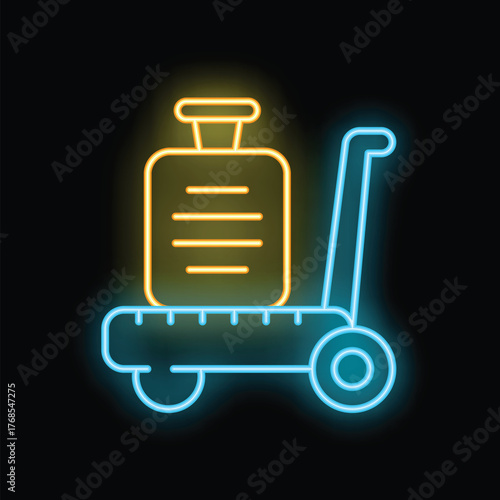 Neon glowing icon of a luggage cart carrying a suitcase, representing travel and hospitality industry