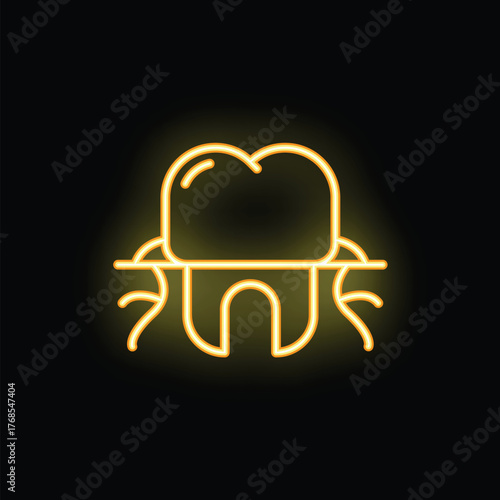 Yellow neon icon of periodontitis with the gum separating from the tooth on a black background