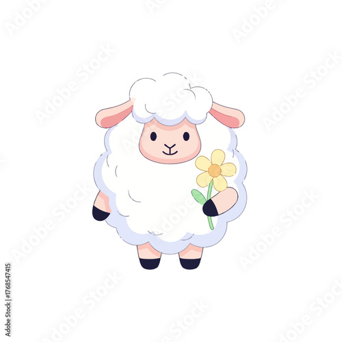 Cute Cartoon Sheep Holding a Flower Adorable Sheep Illustration for Designs
