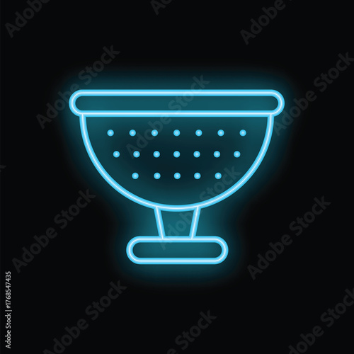 Blue neon icon of a kitchen colander glowing on a dark background