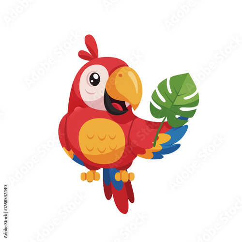 Cute cartoon red parrot holding a tropical green leaf, isolated on a white background