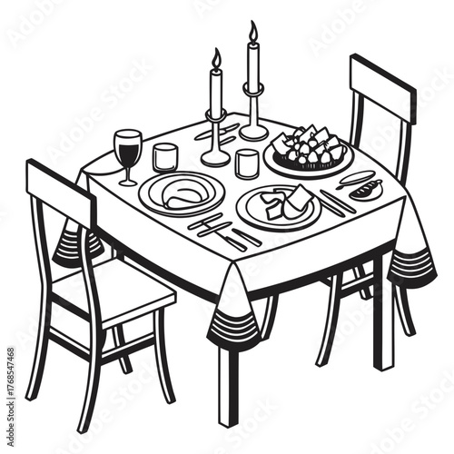A romantic candlelit dinner for two set elegantly on a table with food wine and place settings
