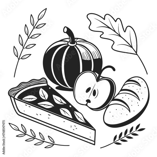 A black and white illustration of a slice of pie a pumpkin a halved apple and a loaf of bread surrounded by decorative leaves and branches