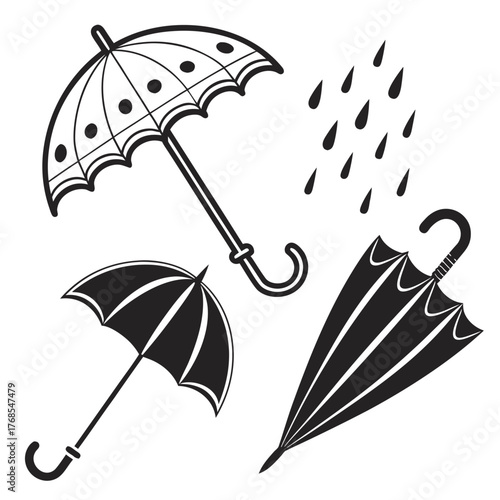 Collection of stylized black and white umbrellas and falling raindrops on a white background